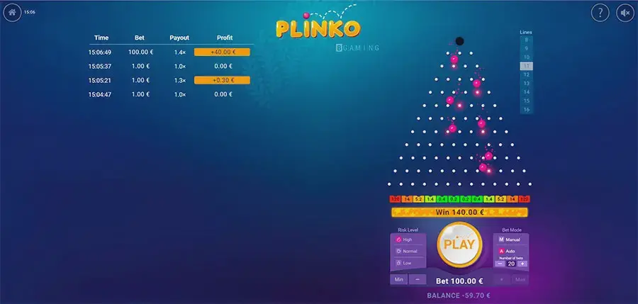 Demo Mode of Nine Win Plinko Game